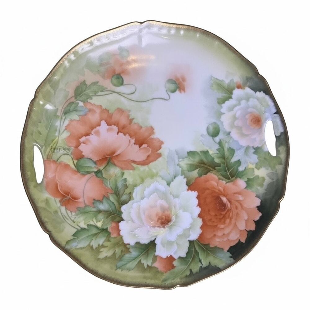 Antique Tirschenreuth Bavaria Porcelain Cake Serving Plate Floral Gold Rim 10.5”